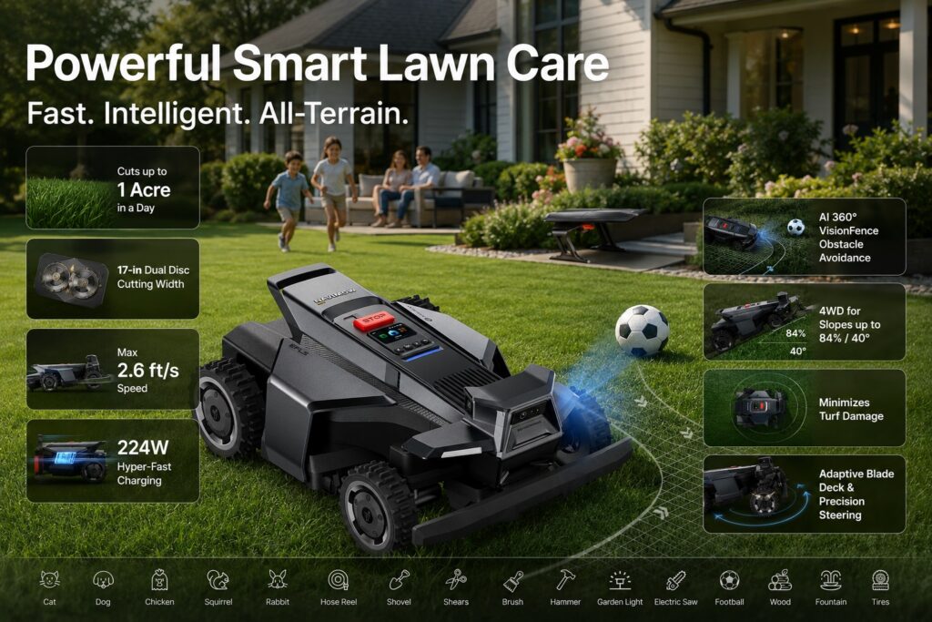 Rugged Navimow robotic lawn mower in a residential yard, highlighting 1-acre daily coverage, 4WD all-terrain performance, 40° slope control, fast charging, and adaptive blade deck.