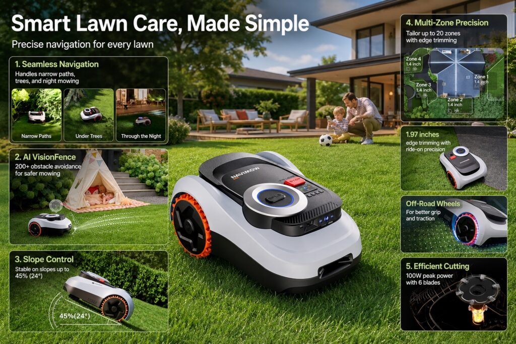 White Navimow robotic lawn mower in a modern backyard, featuring seamless navigation, AI VisionFence 200+ obstacle avoidance, slope stability, multi-zone mowing, off-road wheels, and efficient cutting.