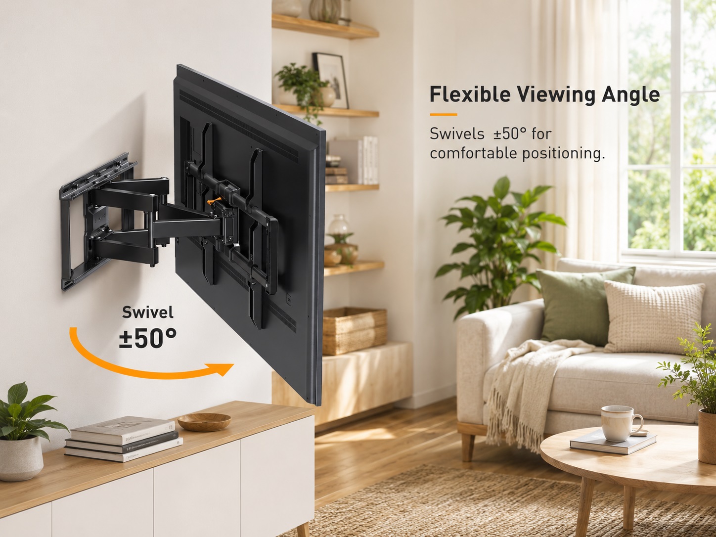 A full-motion TV wall mount installed in a modern living room, demonstrating a flexible viewing angle with a 50-degree smooth swivel adjustment to the left and right.