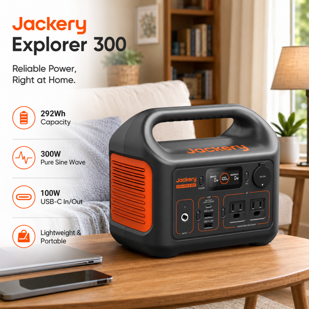 Jackery Explorer 300 portable power station on a wooden table in a cozy living room, featuring 292Wh capacity, 300W pure sine wave output, 100W USB-C charging, and lightweight portable design.