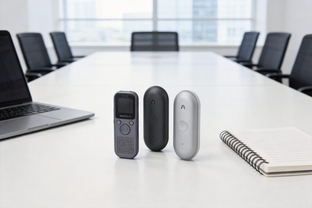 Three modern voice recording devices standing upright on a long white conference table in an empty, bright meeting room. From left to right: a grey rectangular recorder with a small display screen and buttons, a matte black pill-shaped recorder, and a sleek silver pill-shaped recorder. A laptop is partially visible on the far left, and an open notebook is on the right.