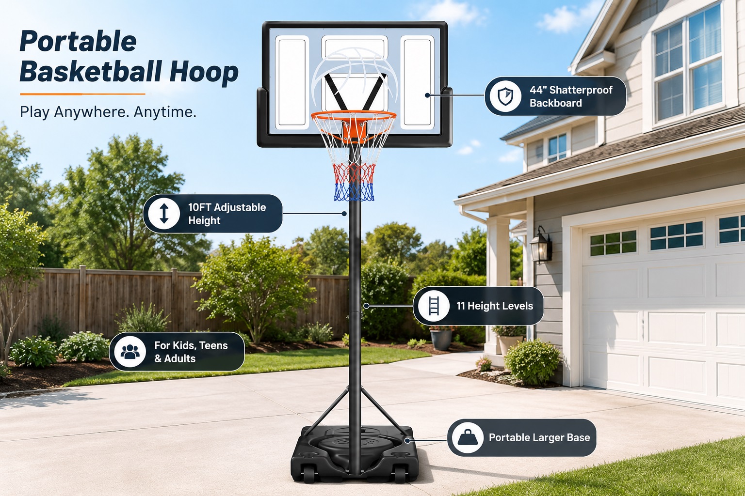 Yohood 44 inch portable basketball hoop in a residential driveway featuring a shatterproof backboard, 11 height levels adjusting up to 10ft, and a stable fillable larger base with wheels.