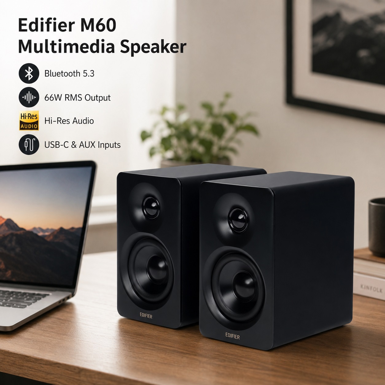 A pair of sleek black Edifier M60 Multimedia Speakers placed on a wooden desktop next to a laptop. Text on the image highlights features: Bluetooth 5.3, 66W RMS Output, Hi-Res Audio, and USB-C & AUX Inputs.