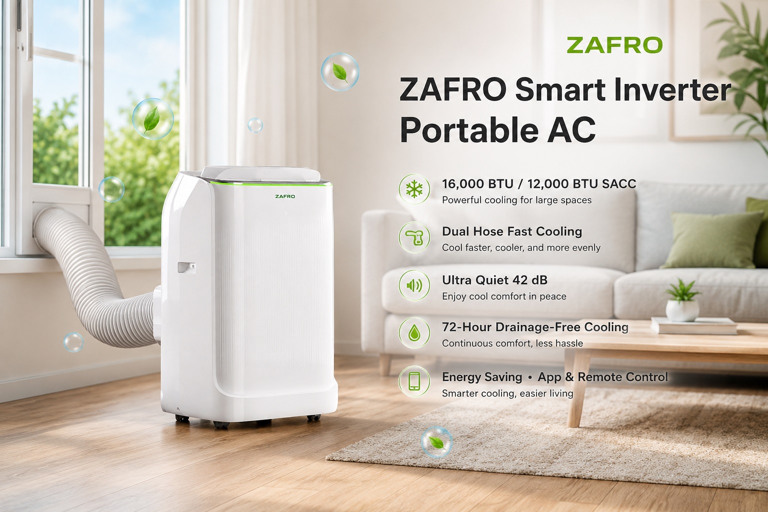 ZAFRO Smart Inverter Portable AC 16000 BTU 12000 BTU SACC dual hose fast cooling white portable air conditioner operating in a modern living room beside a window with features icon.
