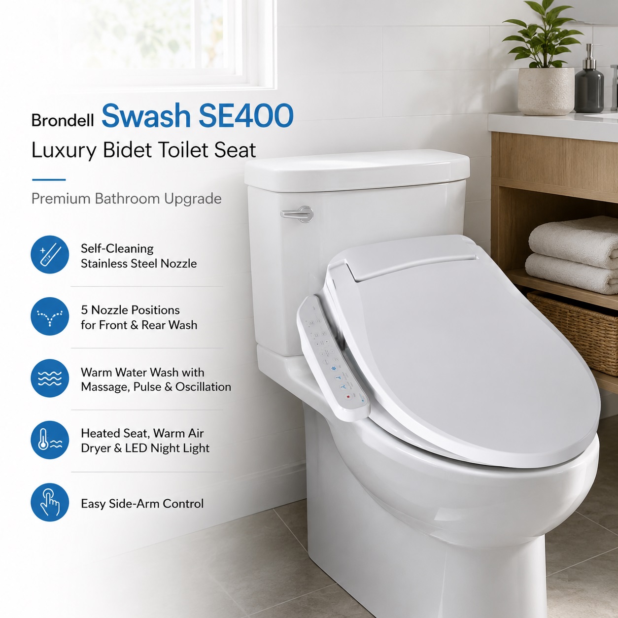 Brondell Swash SE400 luxury electric bidet toilet seat featuring a white side-arm control panel, self-cleaning stainless steel nozzle, heated seat, and LED nightlight installed in a modern bathroom.