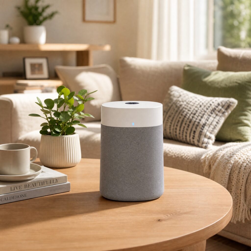 A compact cylindrical air purifier placed on a wooden coffee table in a bright, cozy living room with soft natural light and home decor elements.