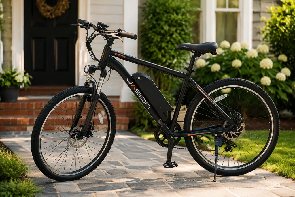 Black Jasion electric mountain bike displayed in a residential driveway with soft natural lighting.