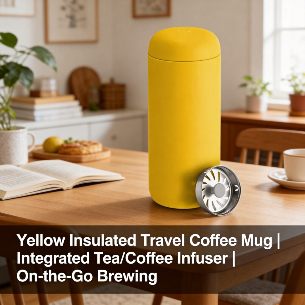 Fellow Carter Move vacuum-insulated travel mug in Lemon Zest yellow with ceramic-coated interior and removable splash guard, displayed on a modern kitchen table for portable coffee and tea enjoyment.