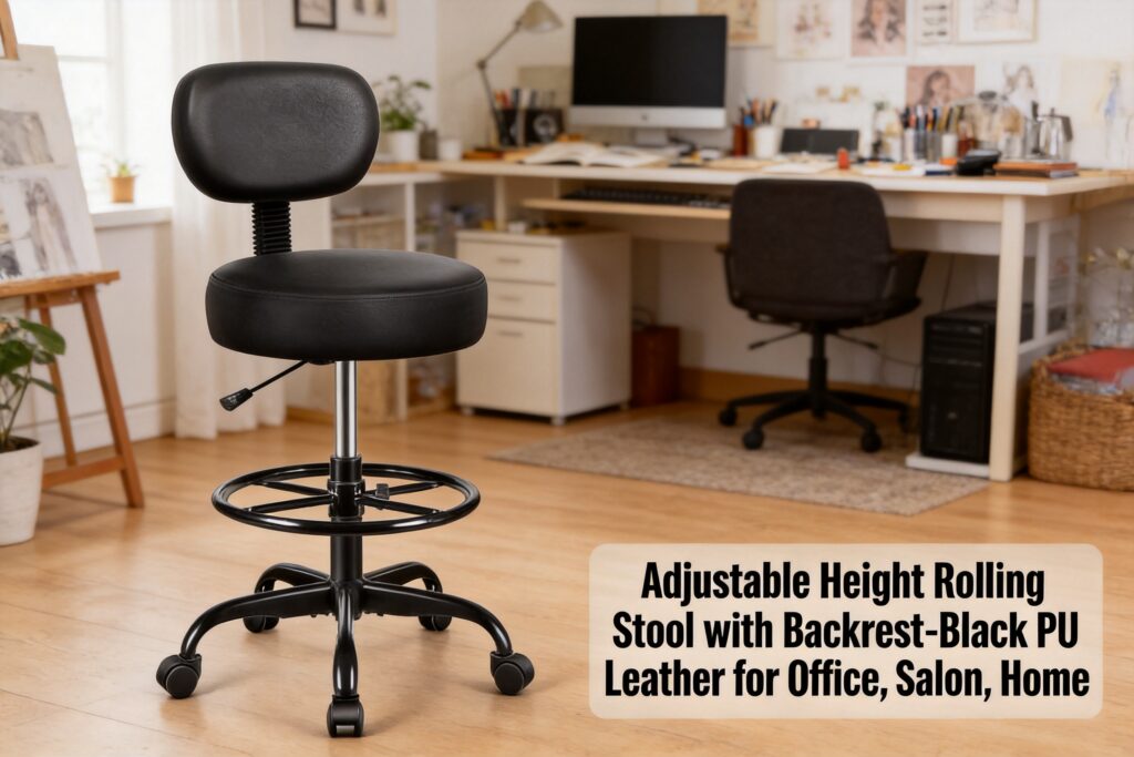 Brick Attic adjustable drafting chair with backrest, black PU leather rolling stool featuring height adjustment, footrest ring, and swivel wheels for office, salon, studio, and home workspace use.