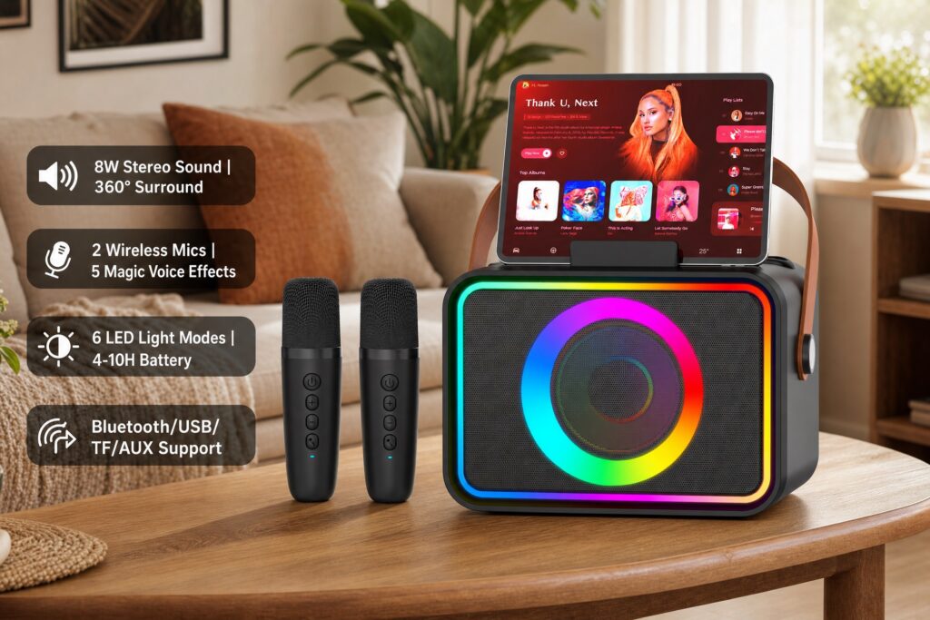 Black portable Bluetooth karaoke machine on a wooden table with a tablet mounted on top displaying music. Features a dynamic circular RGB LED light on the front grille, a leather carrying strap, and two matching wireless black microphones next to it. Text overlays highlight "8W Stereo Sound | 360° Surround", "2 Wireless Mics | 5 Magic Voice Effects", "6 LED Light Modes | 4-10H Battery", and "Bluetooth/USB/TF/AUX Support".