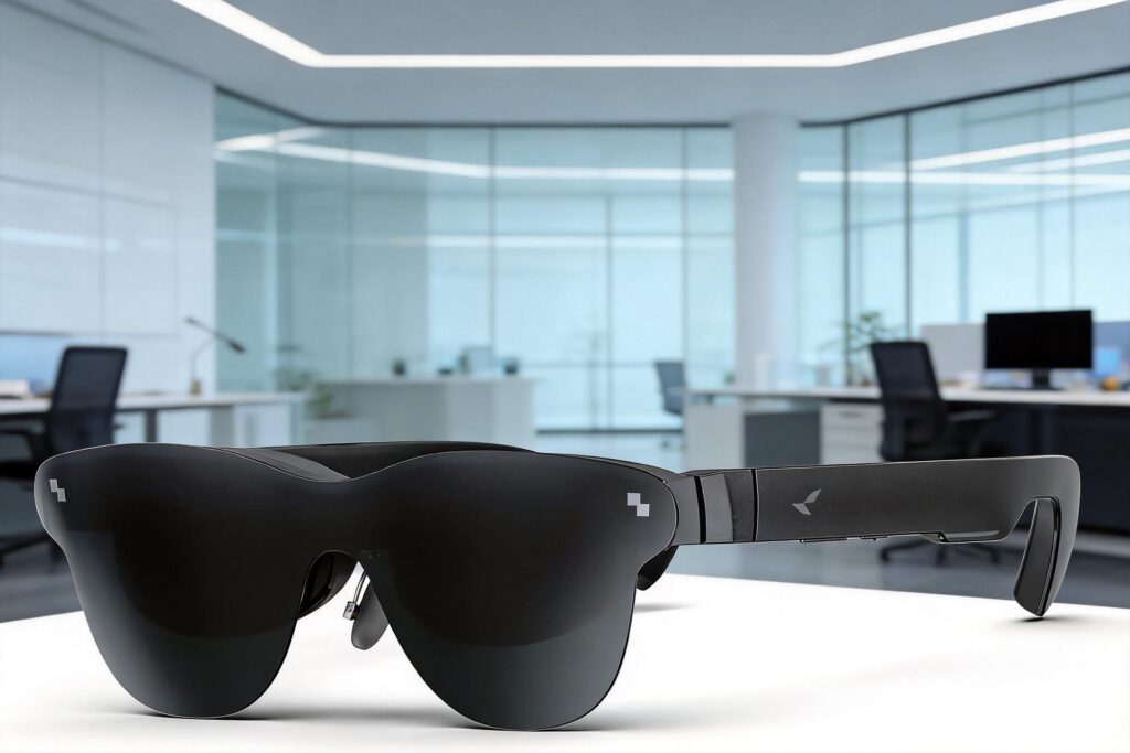 RayNeo Air 4 Pro AR XR glasses placed on a white desk with a modern, blurred office background.