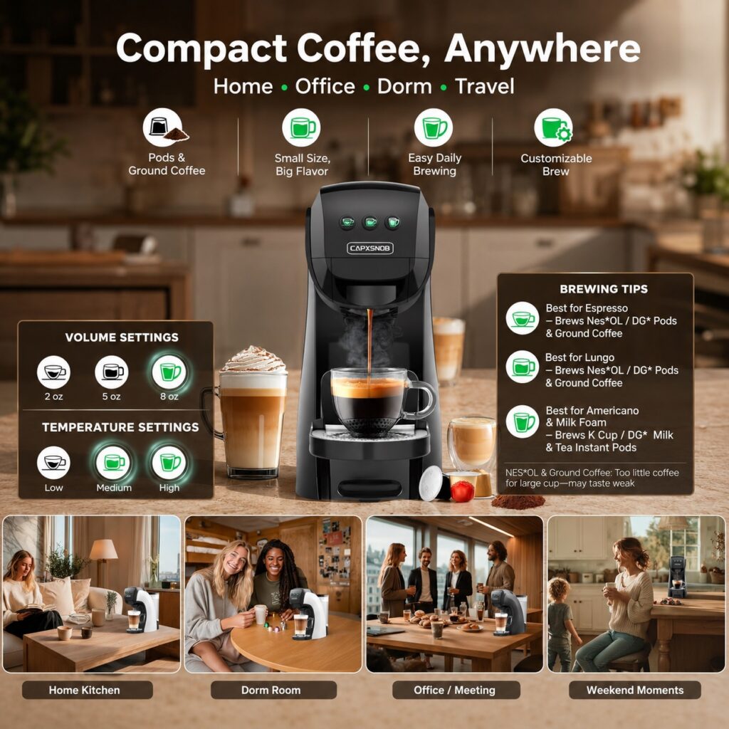 CAPXSNOB compact coffee maker promotional image showing customizable cup sizes, temperature levels, pods and ground coffee support, and everyday use in home, office, dorm, and travel settings.