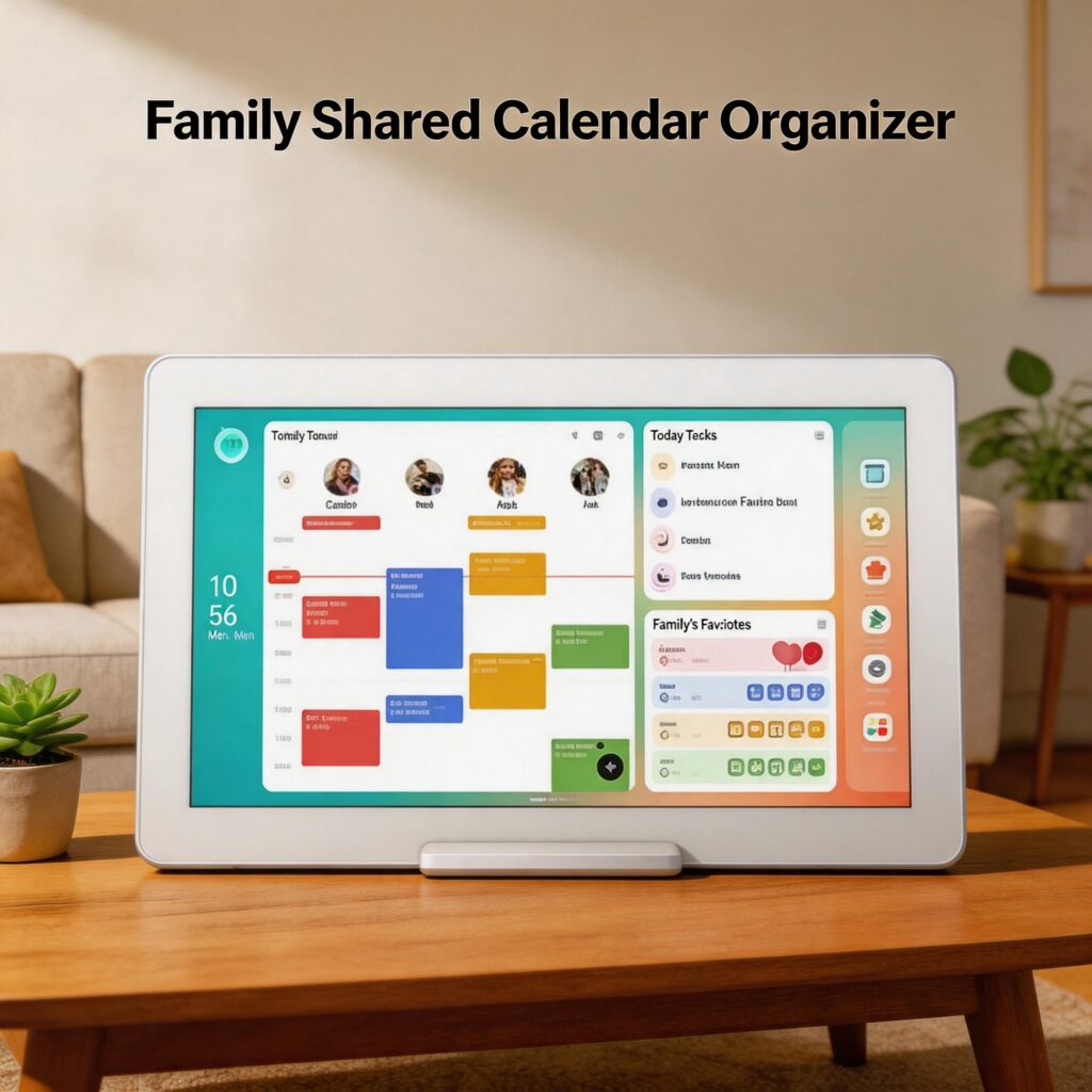 A white smart calendar display in landscape orientation placed on a wooden coffee table in a living room, featuring bold black text above that reads "Family Shared Calendar Organizer". The screen displays a colorful schedule on the left and widgets for "Today Tecks" and "Family's Favorites" on the right.