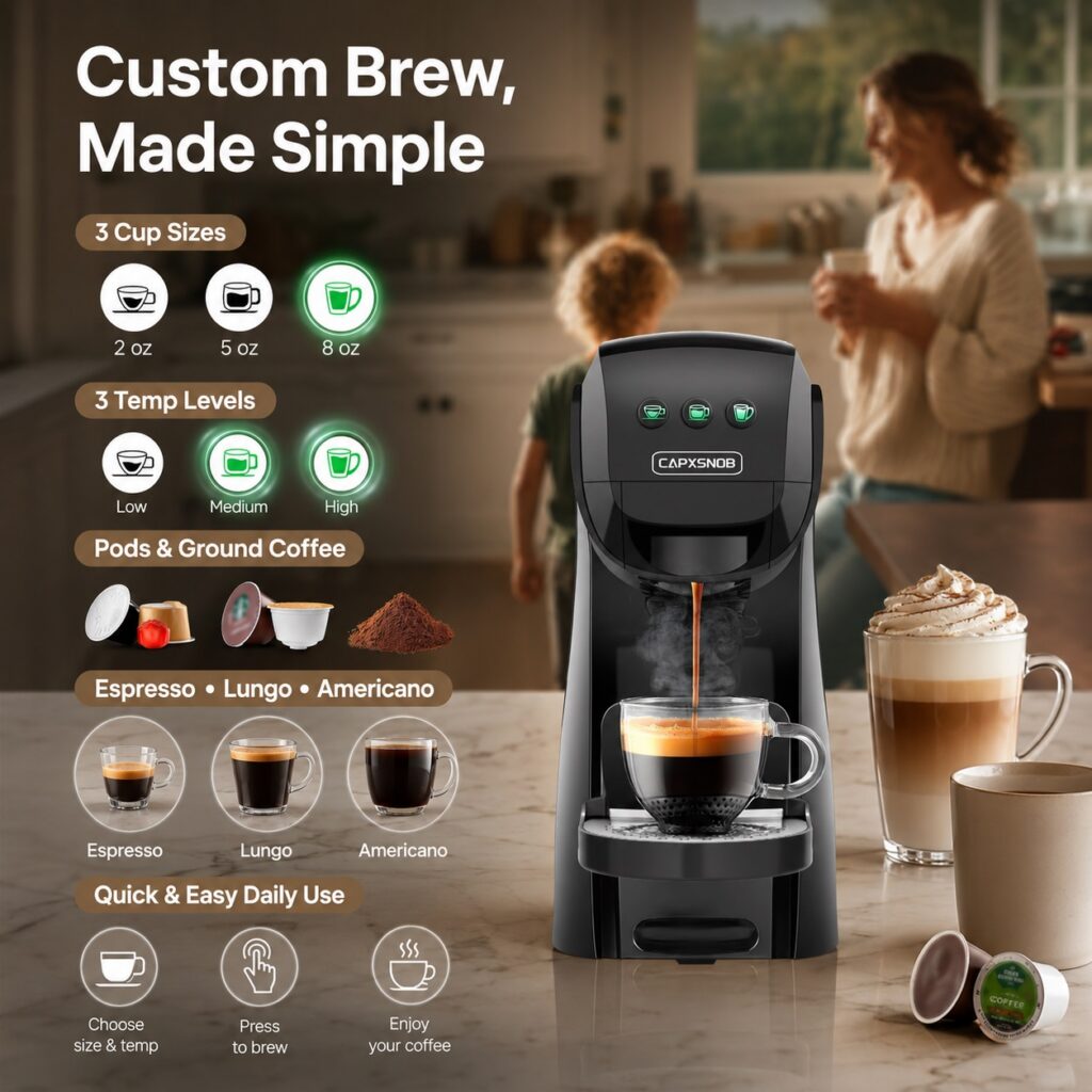CAPXSNOB coffee maker brewing espresso in a warm home kitchen, highlighting three cup sizes, three temperature levels, pods and ground coffee compatibility, and quick daily use.