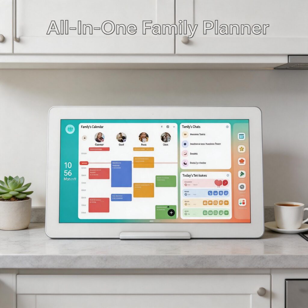 A landscape smart family planner display sitting on a white kitchen countertop with white cabinets in the background. The image has a outlined grey title text "All-In-One Family Planner" at the top. The screen shows a color-coded family calendar on the left and sections for chats and tasks on the right.