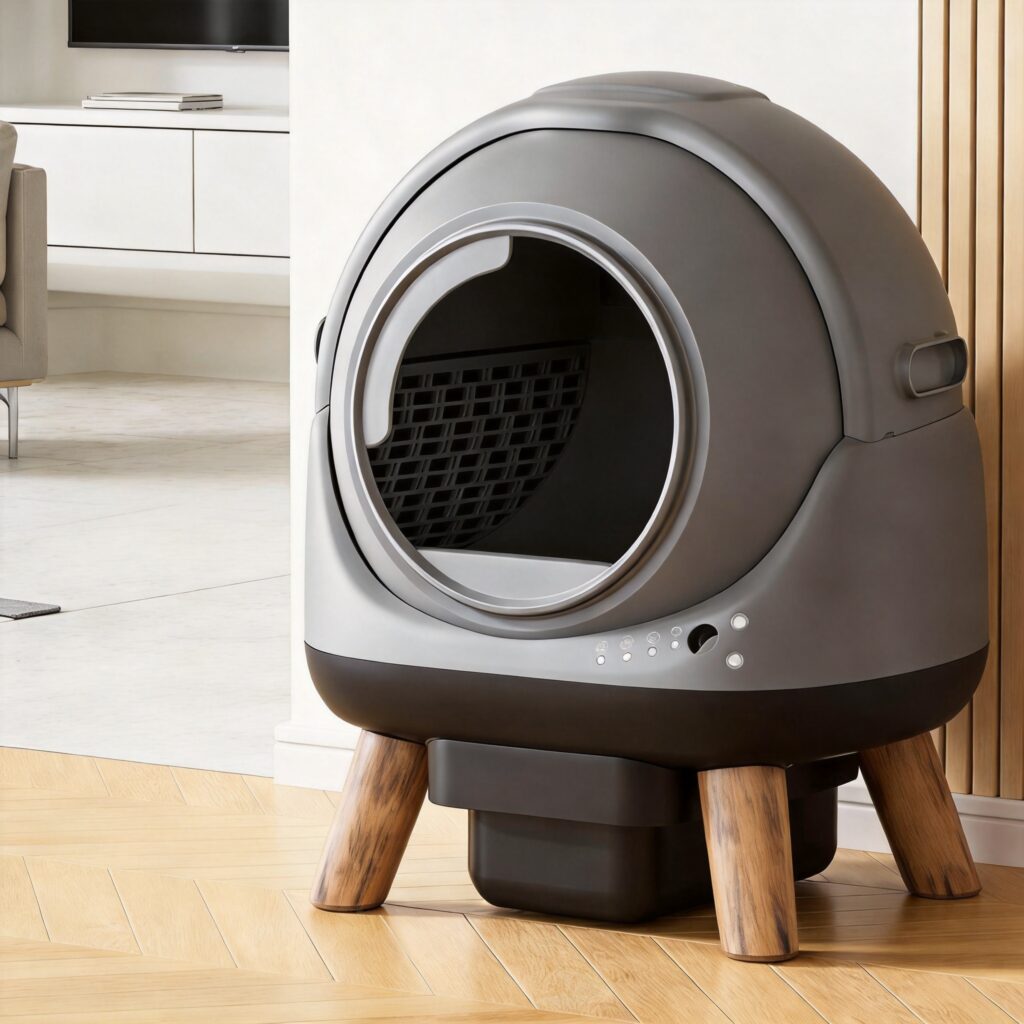 Close-up of a modern spherical grey automatic cat litter box with wooden legs on a herringbone wood floor.