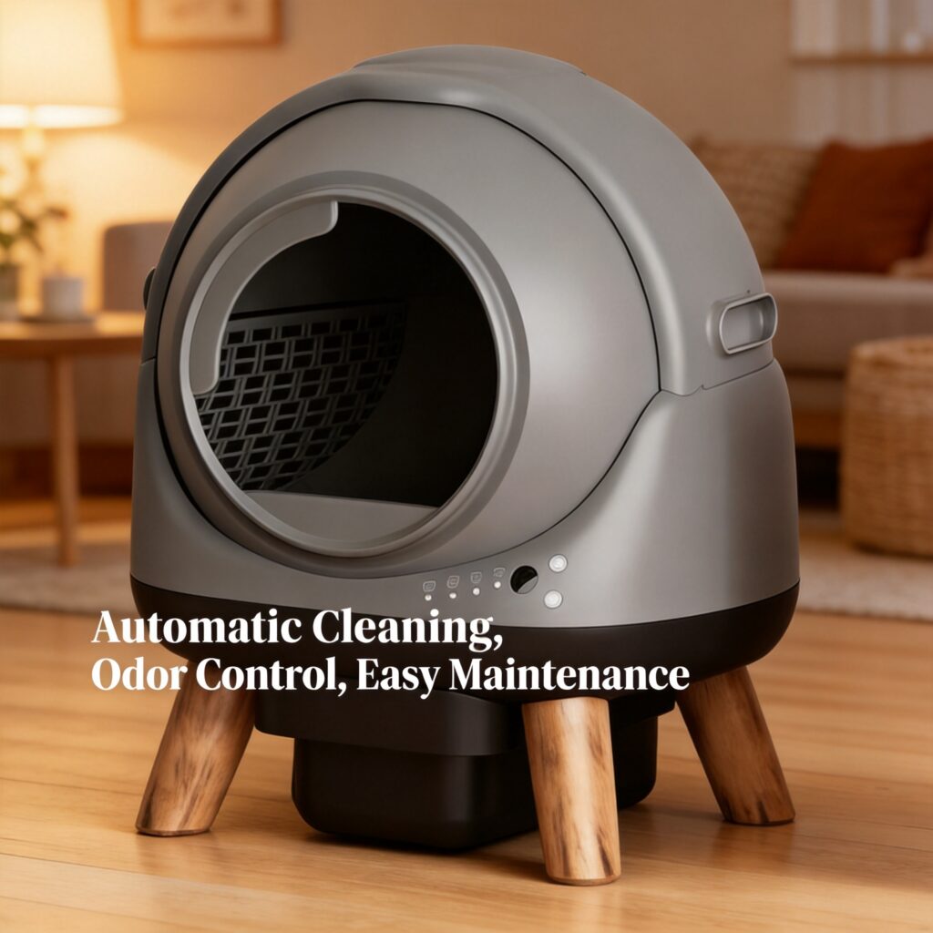 Spherical grey automatic cat litter box with text overlay: Automatic Cleaning, Odor Control, Easy Maintenance.