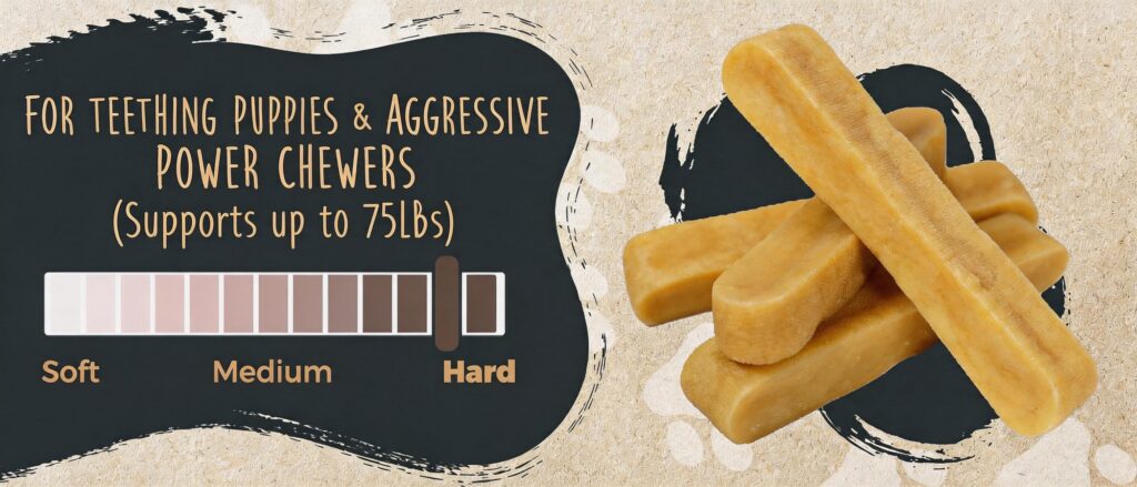 Mighty Paw brand dog chew infographic for strong chewers. Text states: 'FOR TEETHING PUPPIES & AGGRESSIVE POWER CHEWERS (Supports up to 75LBs)'. A horizontal scale from 'Soft' to 'Medium' to 'Hard' has the pointer set near the 'Hard' end. To the right is a realistic photograph of four stacked yak cheese chews.