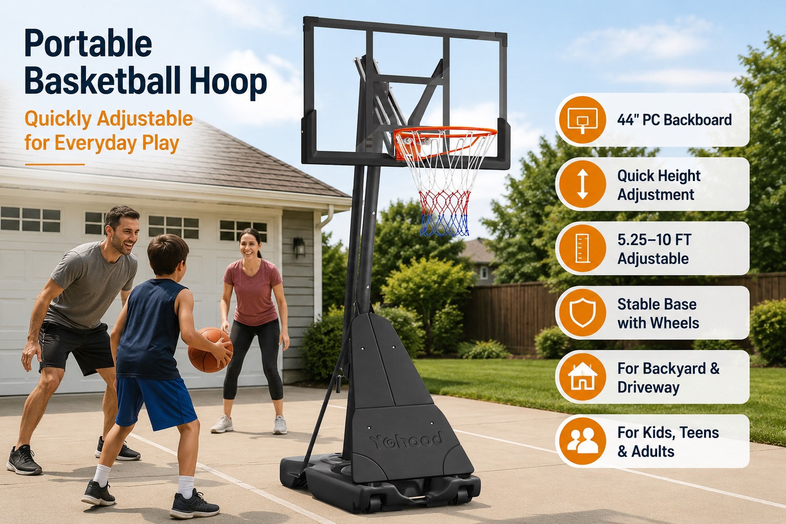 A happy family playing basketball on a backyard court with a Yohood portable basketball goal featuring a 44 inch PC backboard and a heavy-duty quickly adjustable triangular support base with wheels.