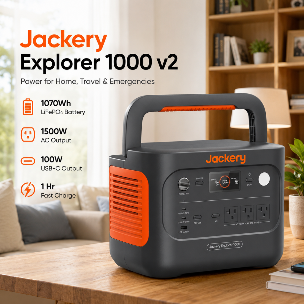 Jackery Explorer 1000 v2 portable power station displayed in a modern home setting, featuring a 1070Wh LiFePO4 battery, 1500W AC output, 100W USB-C charging, and 1-hour fast charging technology.