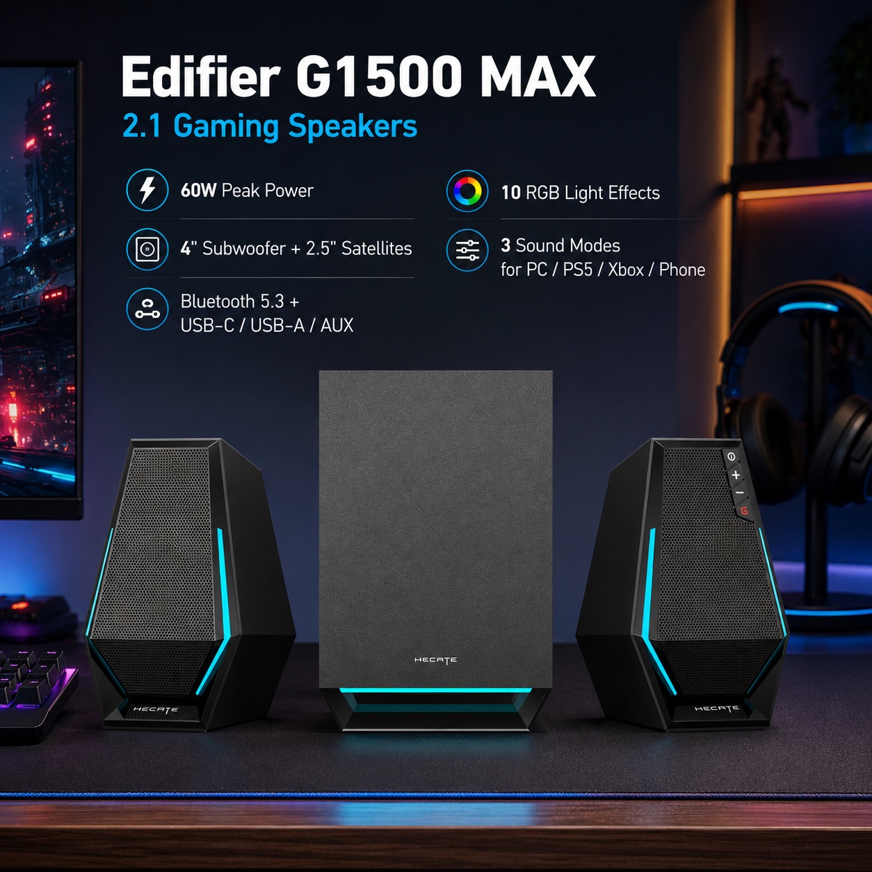 Edifier G1500 MAX 2.1 Gaming Speakers system featuring a central subwoofer and two satellite speakers with cyan RGB light strips on a gaming desk. Text highlights 60W peak power, 4-inch subwoofer, 10 RGB light effects, and 3 sound modes.