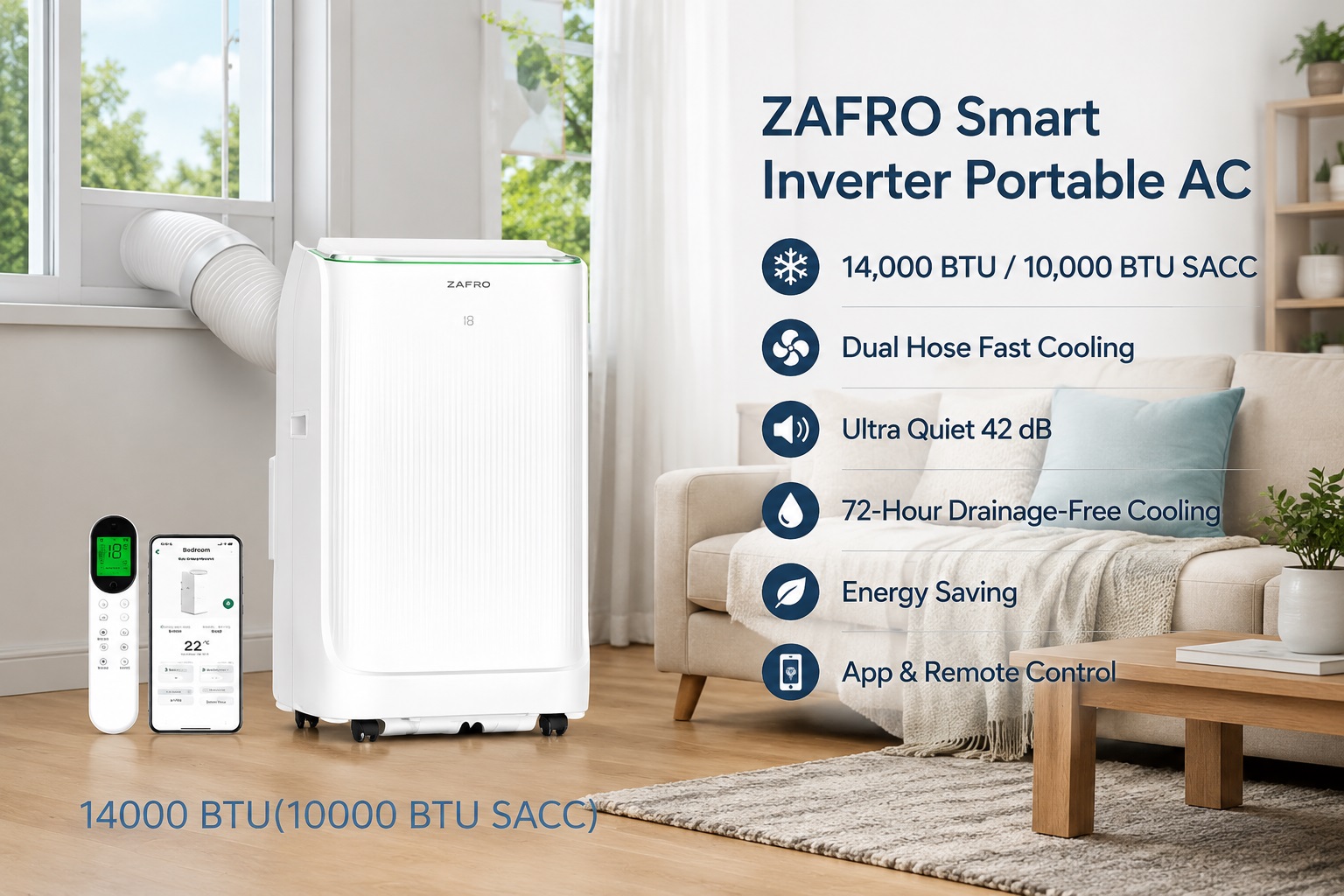 ZAFRO Smart Inverter Portable AC 14000 BTU 10000 BTU SACC dual hose white portable air conditioner with mobile app interface and remote control on display in a bright living room.