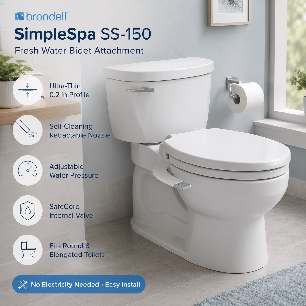Brondell SimpleSpa SS-150 fresh water non-electric bidet toilet attachment featuring an ultra-thin 0.2-inch profile design, adjustable water pressure dial, and SafeCore internal valve.