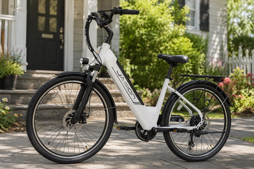 White Jasion step-through electric bike shown in a clean studio-style product view.
