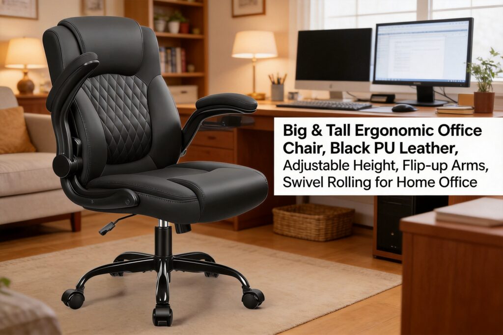 Brick Attic ergonomic office chair with quilted PU leather upholstery, adjustable height, flip-up armrests, and rolling swivel base, designed for comfortable home office and computer desk work.
