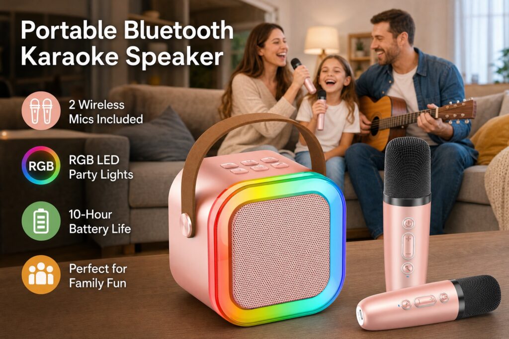 Rose gold mini karaoke machine with a brown leather handle and glowing square-shaped RGB border lights, placed on a living room table. Two matching rose gold wireless microphones rest nearby. In the background, a happy family—a mother, a young daughter singing, and a father playing an acoustic guitar—enjoy a home party. Text overlays read "Portable Bluetooth Karaoke Speaker" with feature icons for wireless mics, RGB lights, 10-hour battery life, and family fun.