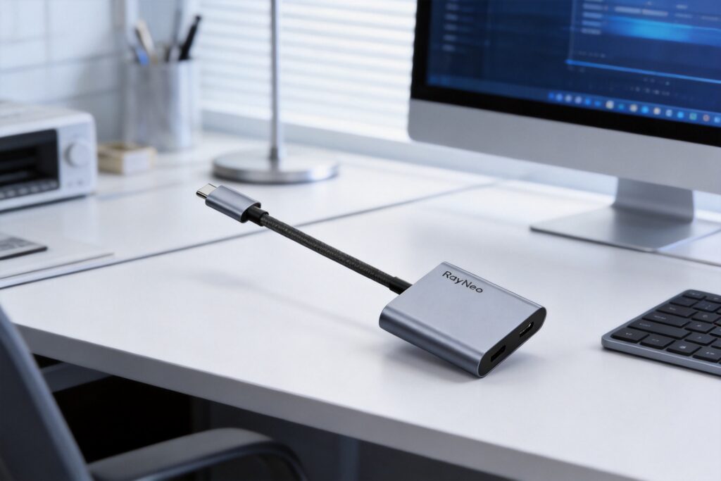 RayNeo USB-C to Glasses Charging Adapter on a sleek desk next to a computer monitor, showcasing its compact metallic design.
