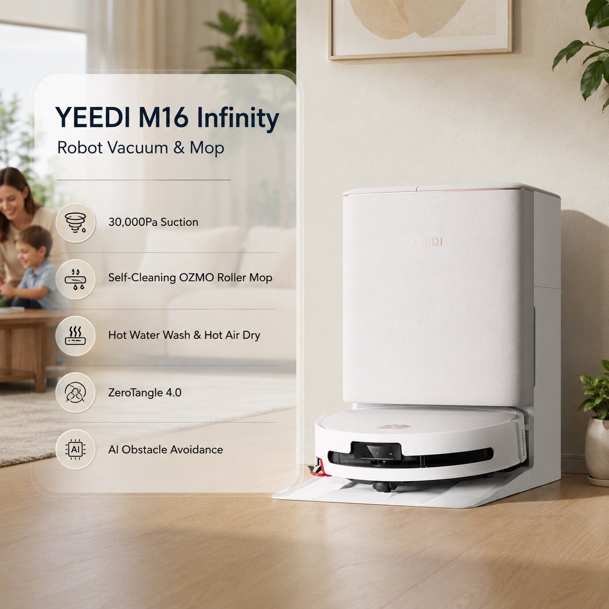 A sleek white YEEDI M16 Infinity Robot Vacuum and Mop docked in its minimalistic white base station, displaying its premium specifications: 30,000Pa Suction, Self-Cleaning OZMO Roller Mop, Hot Water Wash & Hot Air Dry, ZeroTangle 4.0, and AI Obstacle Avoidance.