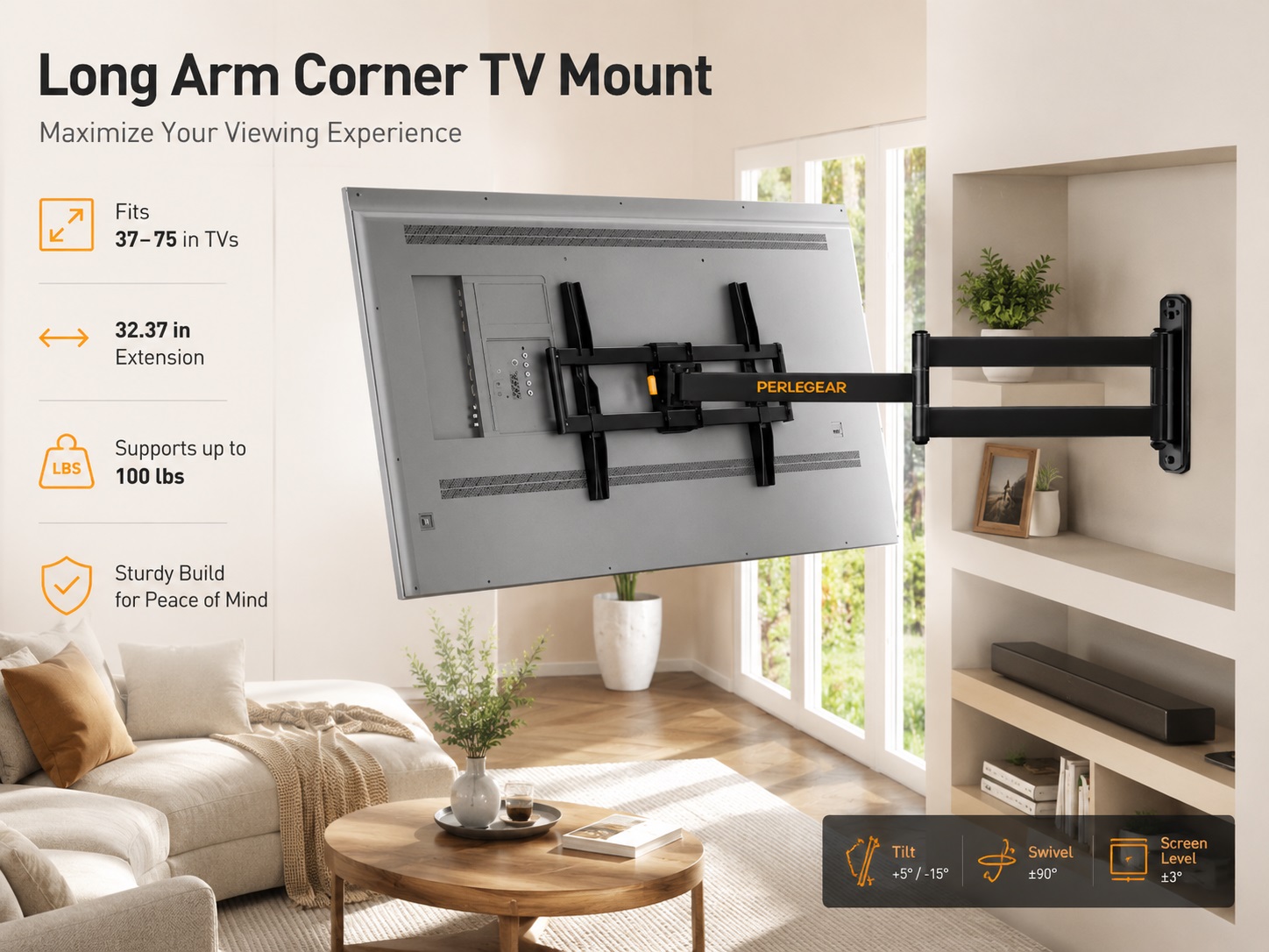 Perlegear long-arm corner TV mount holding a 37 to 75-inch flat-screen TV in a living room corner, highlighting a 32.37-inch extension, 100 lbs weight capacity, and heavy-duty articulating arm.