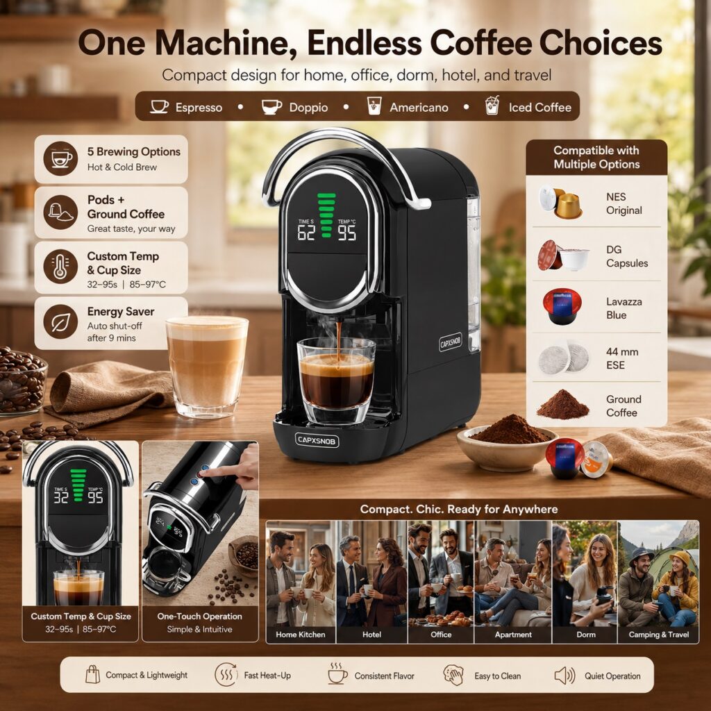 CAPXSNOB Magician1 Mini coffee maker product overview with multiple brewing options, adjustable temperature and cup size, energy saver mode, and compatibility with NES Original, DG capsules, Lavazza Blue, ESE pods, and ground coffee.