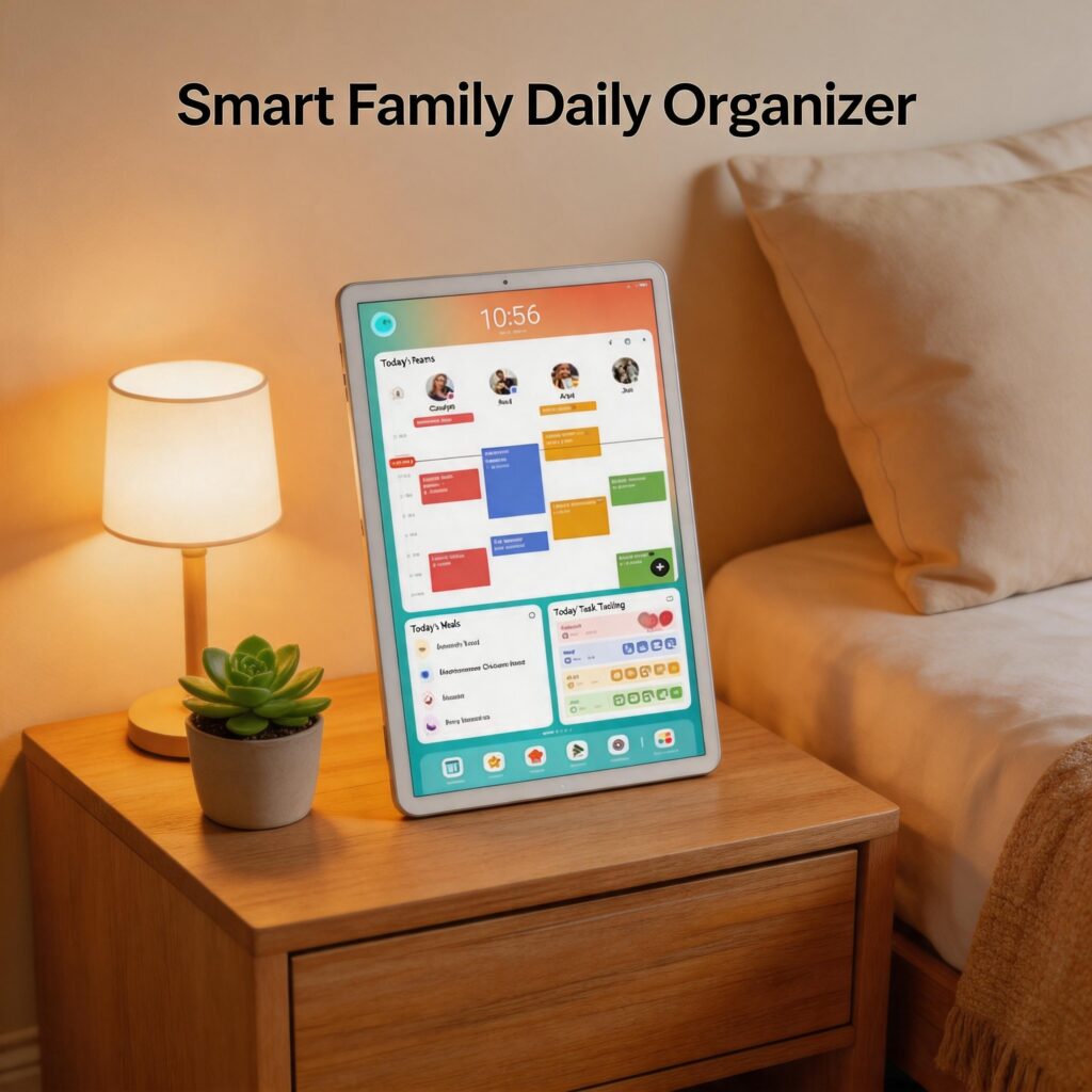 A white smart family calendar tablet in portrait orientation placed on a wooden bedside table next to a warm glowing lamp and a small succulent. It features the title text "Smart Family Daily Organizer" at the top. The screen layout shows individual schedules on top and meal plans and task tracking below.