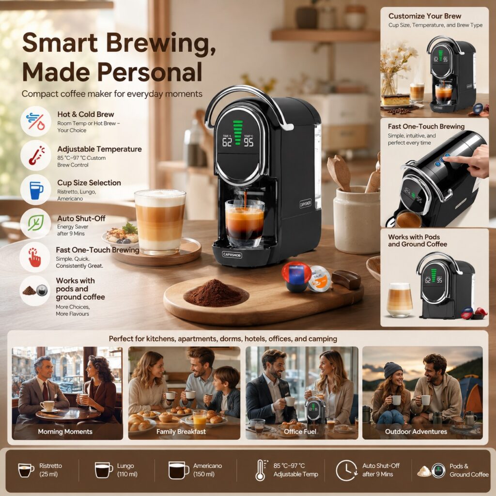 CAPXSNOB smart coffee maker lifestyle poster showing hot and cold brew options, adjustable temperature, cup size selection, auto shut-off, one-touch brewing, and use across kitchen, apartment, office, dorm, and camping scenes.