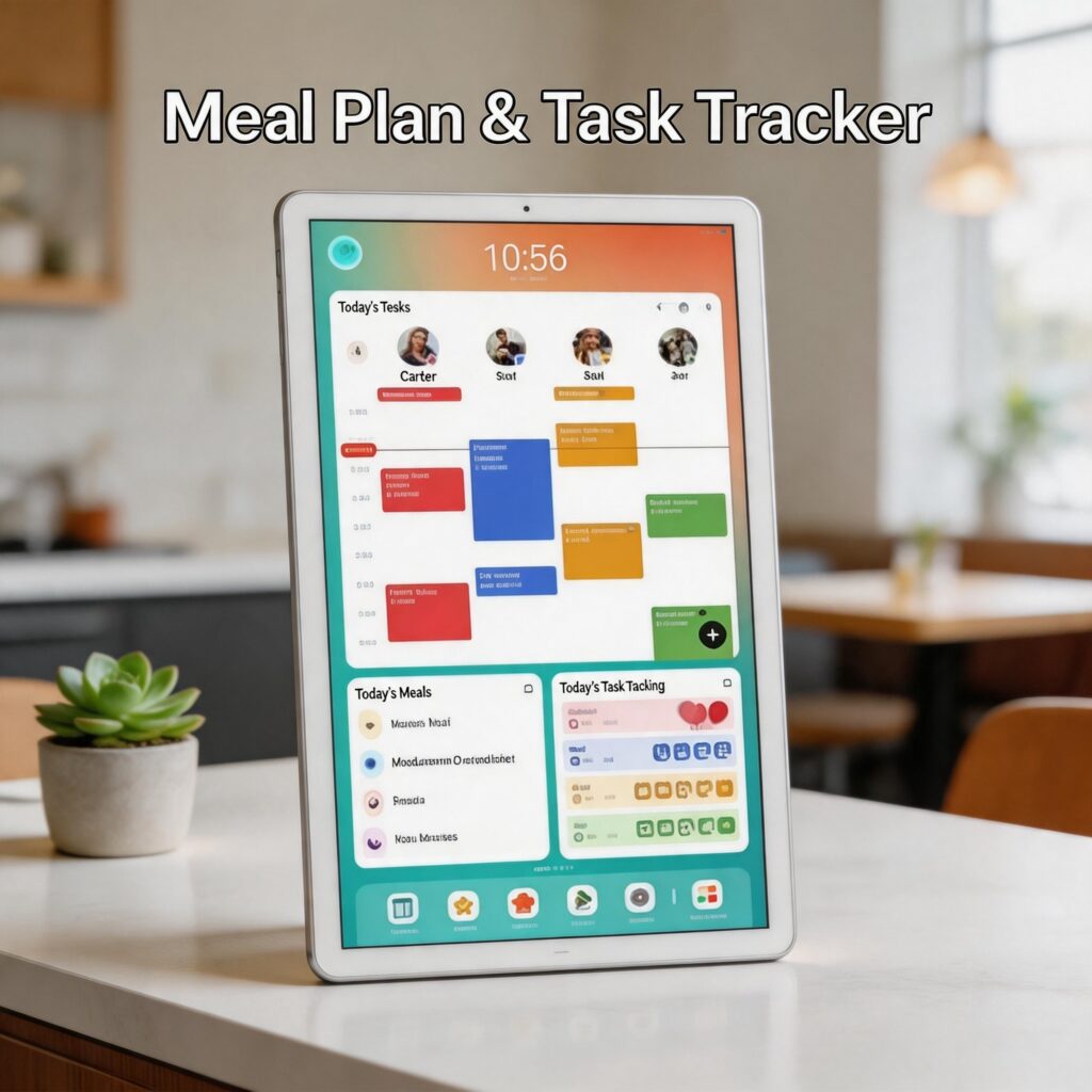 A portrait-oriented smart tablet placed on a white countertop in a bright, modern kitchen or dining area, featuring black-outlined title text "Meal Plan & Task Tracker". The screen clearly displays four family member avatars, a colorful schedule, and meal and task modules at the bottom.