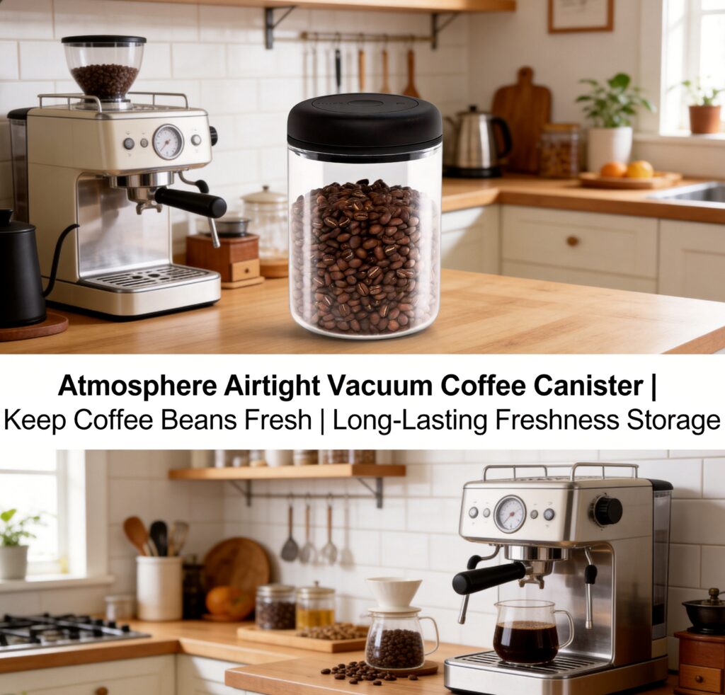 Fellow Atmos vacuum coffee canister filled with roasted coffee beans, showcased in a bright home kitchen beside an espresso machine to highlight airtight freshness storage.