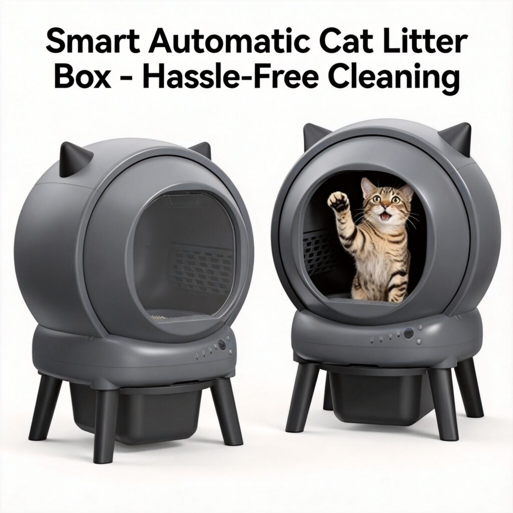 Two versions of a grey cat-eared automatic litter box on black legs, with one showing a tabby cat waving inside, under the text: Smart Automatic Cat Litter Box - Hassle-Free Cleaning.
