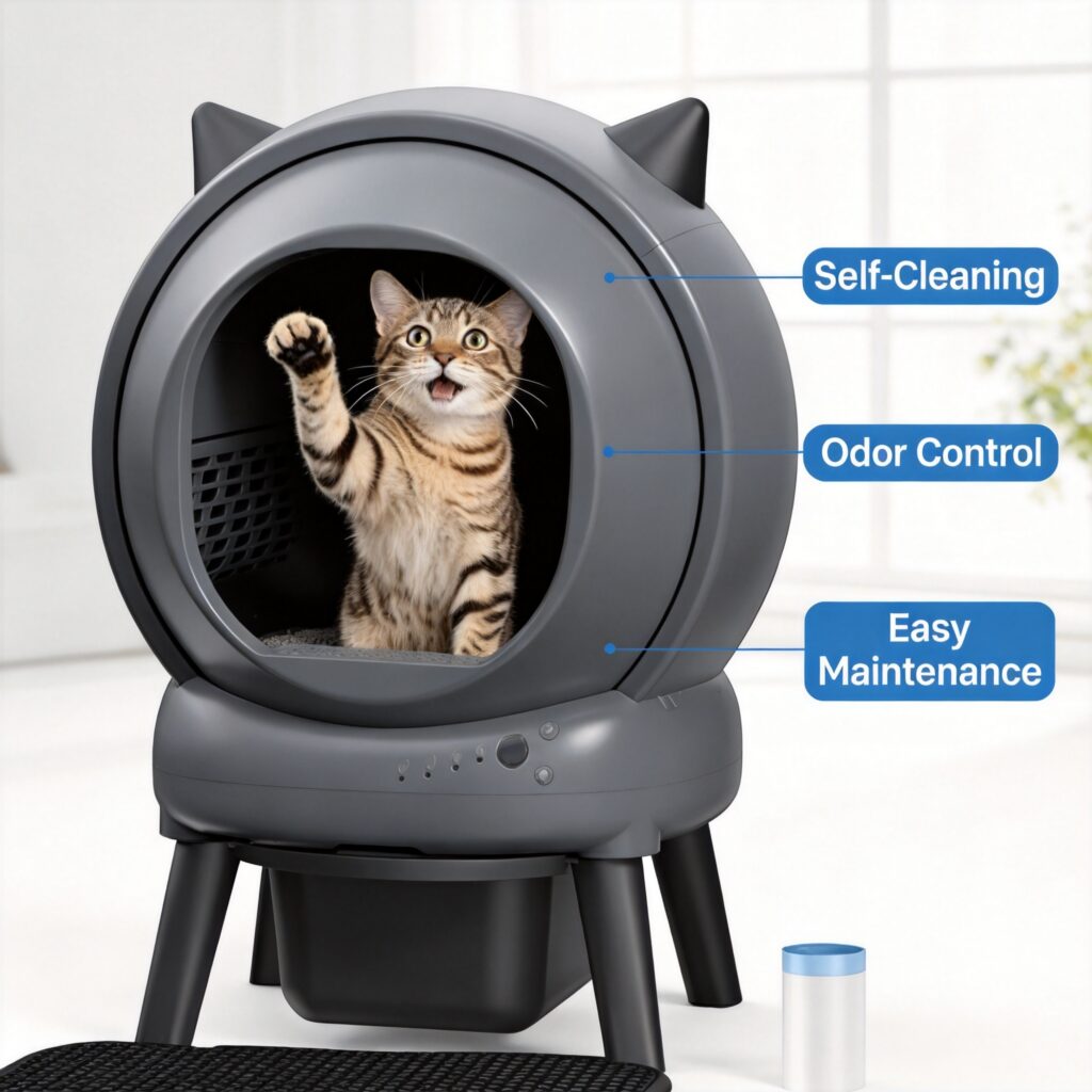 A tabby cat inside a grey cat-eared automatic litter box with feature callout labels: Self-Cleaning, Odor Control, and Easy Maintenance.
