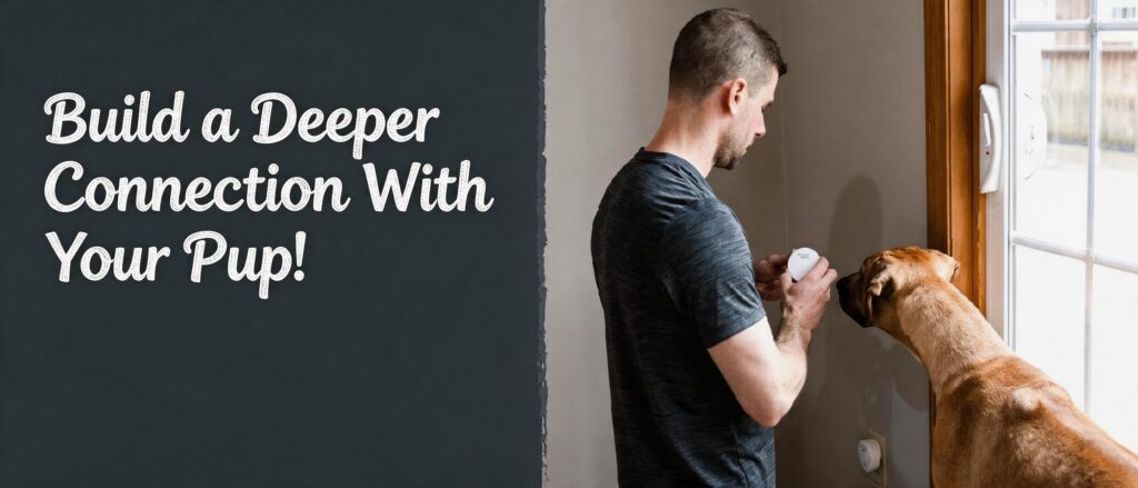Mighty Paw brand product infographic featuring the text 'Build a Deeper Connection With Your Pup!' on a dark background. On the right, a photograph shows a man showing a white, wireless dog training bell to a large dog near a door.