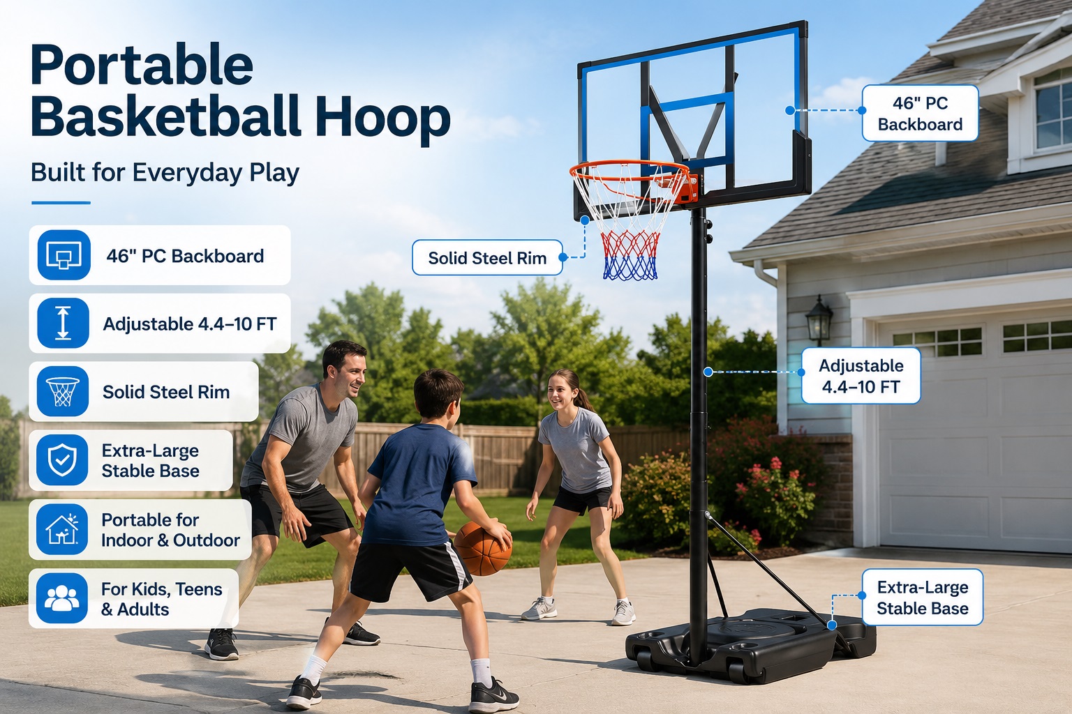 A father and two kids practicing basketball in a driveway next to a Yohood 46 inch portable basketball hoop goal system highlighting its solid steel rim, adjustable 4.4 to 10ft height, and an extra-large stable base.