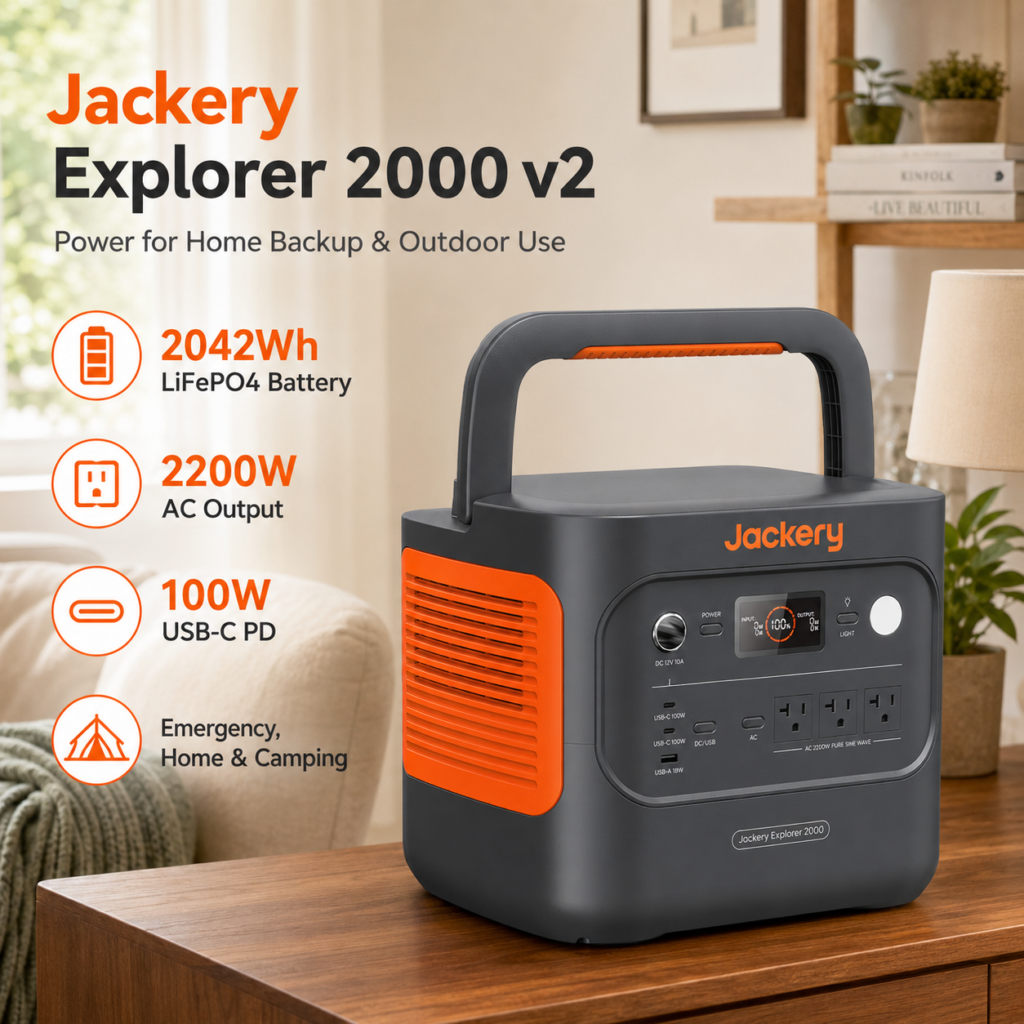 Jackery Explorer 2000 v2 power station on a home console table, highlighting a 2042Wh LiFePO4 battery, 2200W AC output, 100W USB-C PD charging, and reliable backup power for home emergencies and camping.