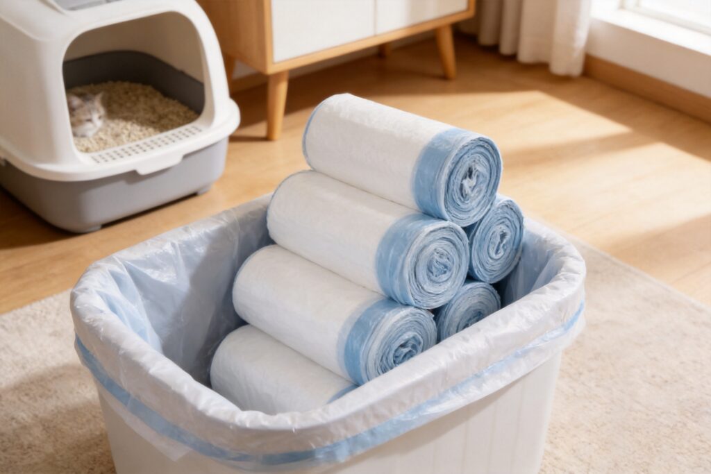 A stack of white trash bag rolls with blue drawstrings inside a white bin, with a traditional cat litter box blurred in the background.