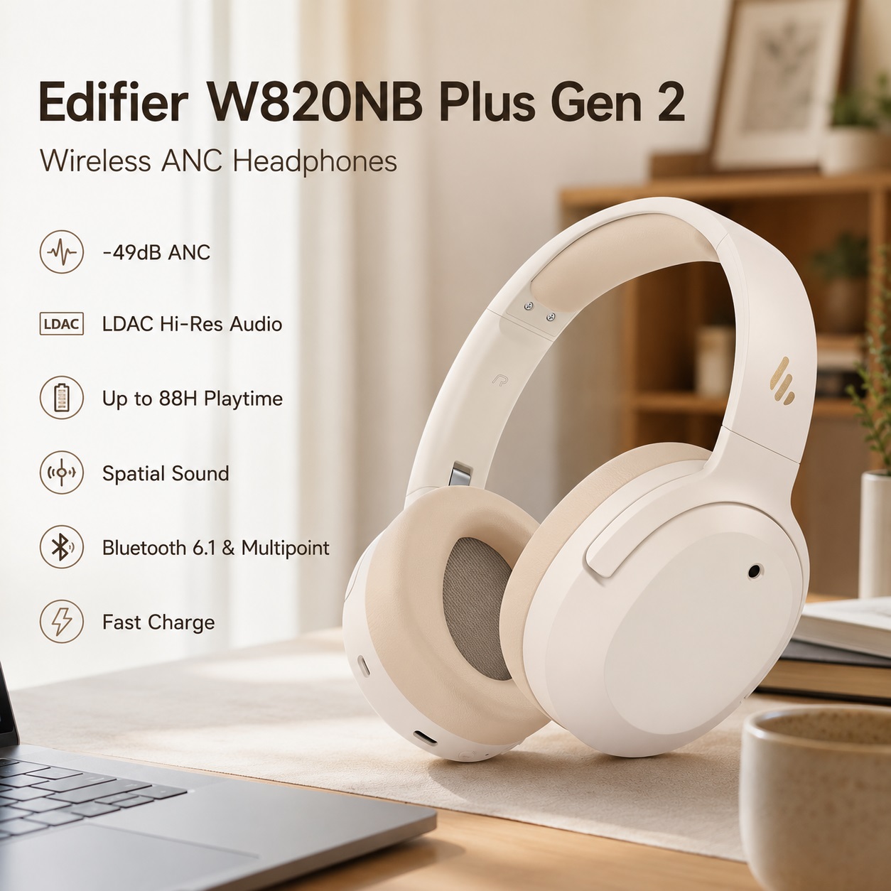 A close-up shot of the elegant ivory white Edifier W820NB Plus Gen 2 Wireless ANC Headphones resting on a desk. Key specs listed include -49dB Active Noise Cancellation, LDAC Hi-Res Audio, up to 88-hour playtime, Spatial Sound, and Fast Charge.