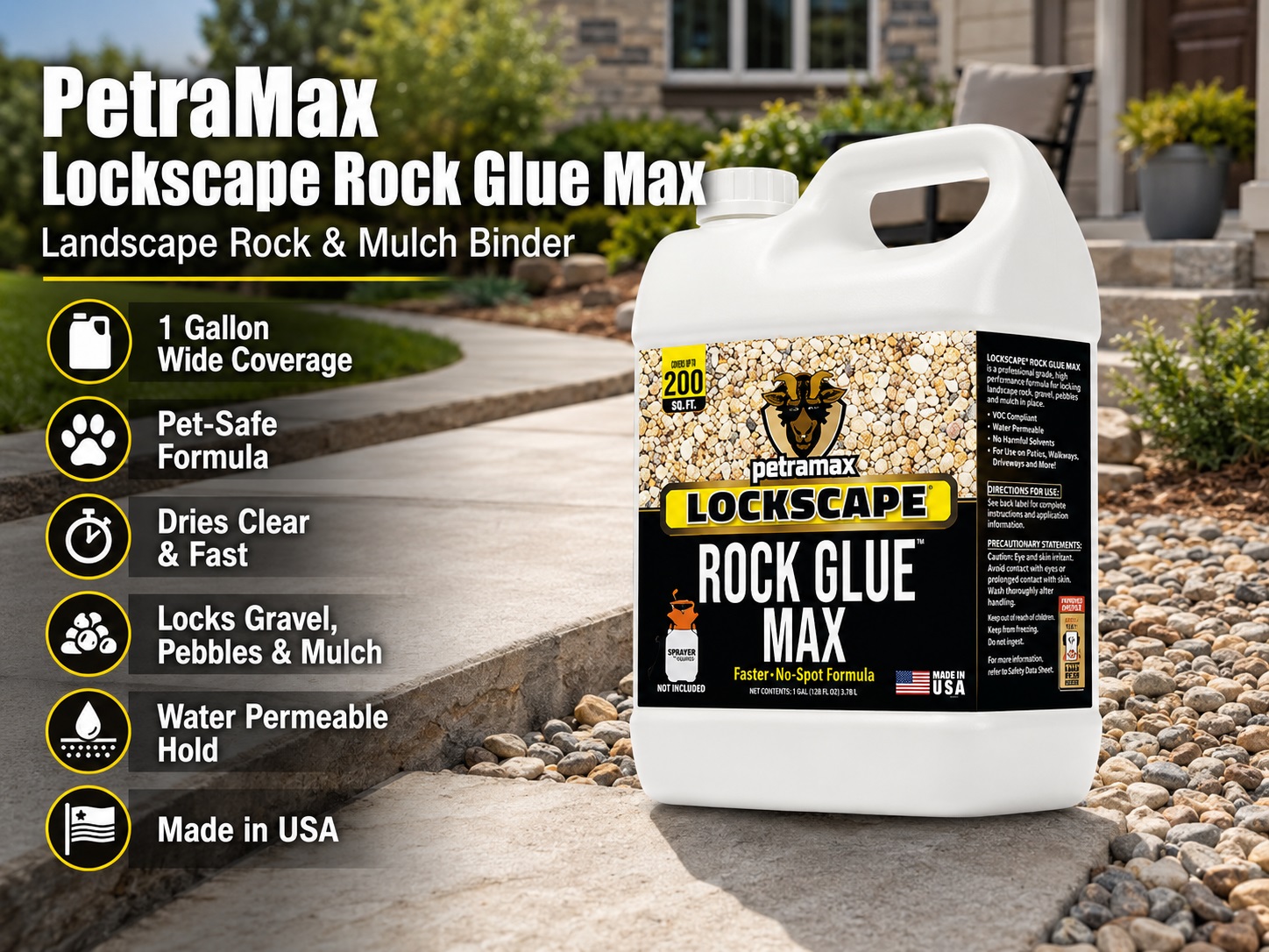 A product display for a 1-gallon jug of PetraMax Lockscape Rock Glue Max landscape binder. The white jug with a bulldog logo sits on a stone pavement next to a decorative pebble walkway. Key features text includes: pet-safe formula, dries clear and fast, locks gravel/pebbles/mulch, water-permeable hold, and made in the USA.
