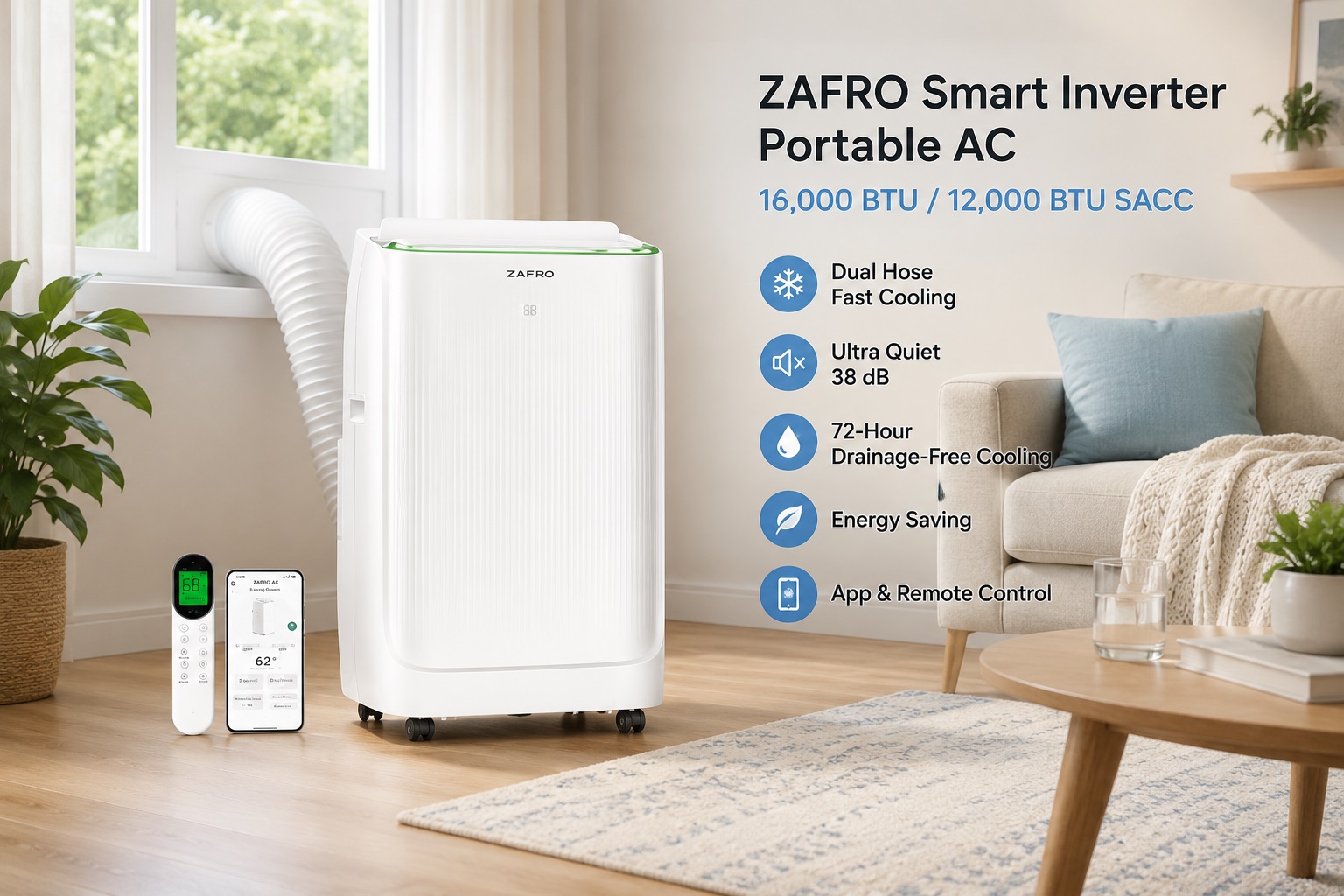 ZAFRO Smart Inverter Portable AC 16000 BTU 12000 BTU SACC white dual hose portable air conditioner upgraded 38dB ultra quiet model with smartphone app control feature.
