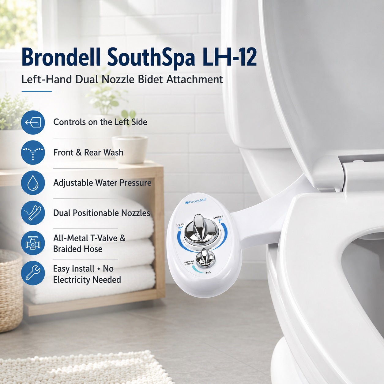 Brondell SouthSpa LH-12 non-electric bidet attachment with a unique left-handed side control panel, dual positionable nozzles for front and rear wash, and all-metal T-valve.