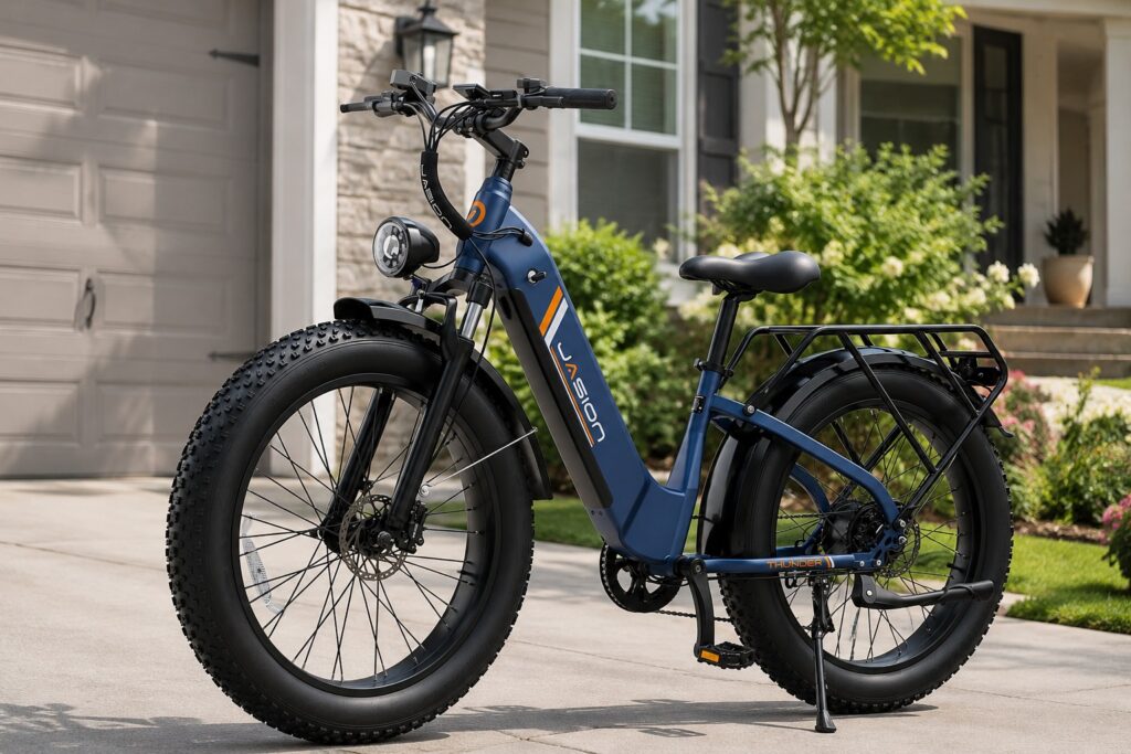 Blue fat-tire Jasion electric bike designed for off-road riding with rugged styling.
