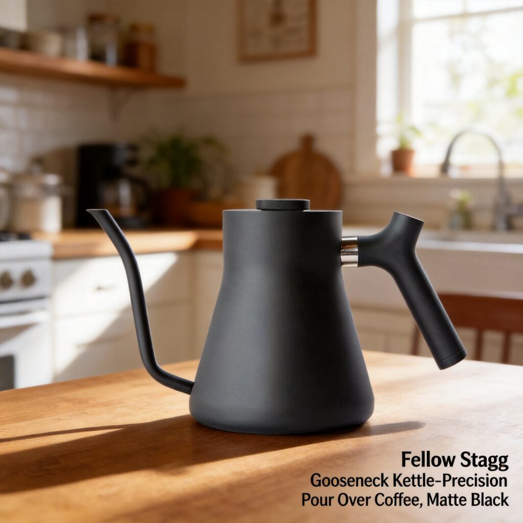 Fellow Stagg matte black gooseneck kettle on a wooden countertop, designed for precise pour-over coffee brewing with controlled water flow.